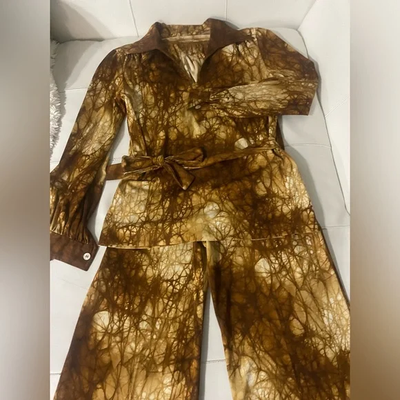 Amazing 70s brown tie dye vintage two piece matching cord set small - Picture 3 of 7